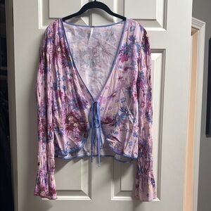 Free People Pink and Purple Blouse with Ruffle Sleeves